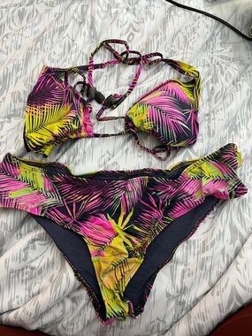 H&M Neon Pink, Yellow & Black Tropical Palm Print Bikini